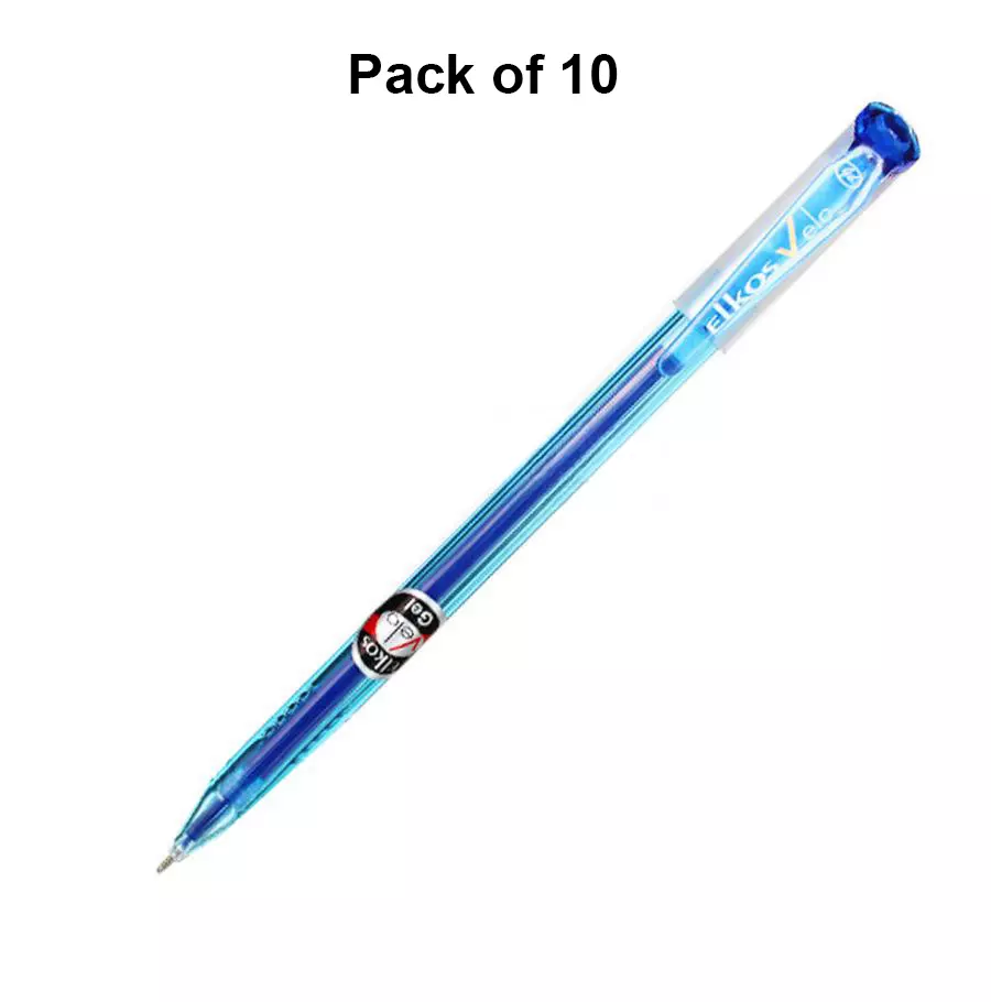 Elkos Vello Gel Pen Steel Nib Plastic Body Blue Ink Color (Pack of 10 Pcs)
