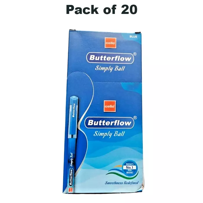 Cello Butterflow Classic Roller Gel Pen Ergonomic Grip Blue Ink Color Plastic for Office, Home & School (Pack of 20 Pcs)