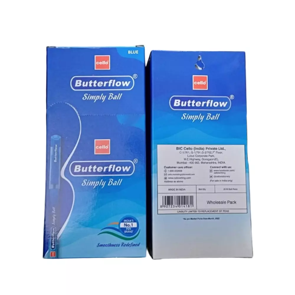 Cello Butterflow Classic Roller Gel Pen Ergonomic Grip Blue Ink Color Plastic for Office, Home & School (Pack of 20 Pcs)