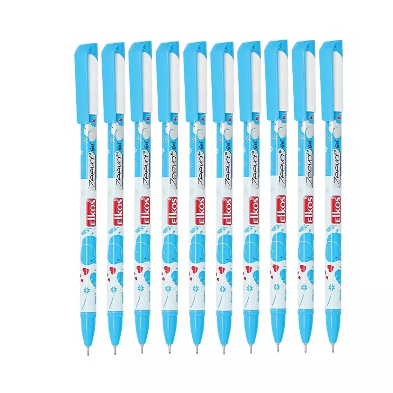 Elkos Zeeva Gel Pen Steel Nib Plastic Body Blue Ink Color (Pack of 10 Pcs)