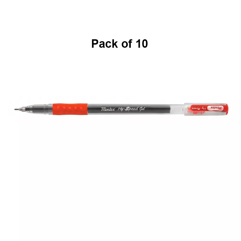 montex-hyspeed-grip-05-mm-tip-gel-pen-red-ink-plastic-body-non-toxic-waterproof-ink-pack-of-10-pcs