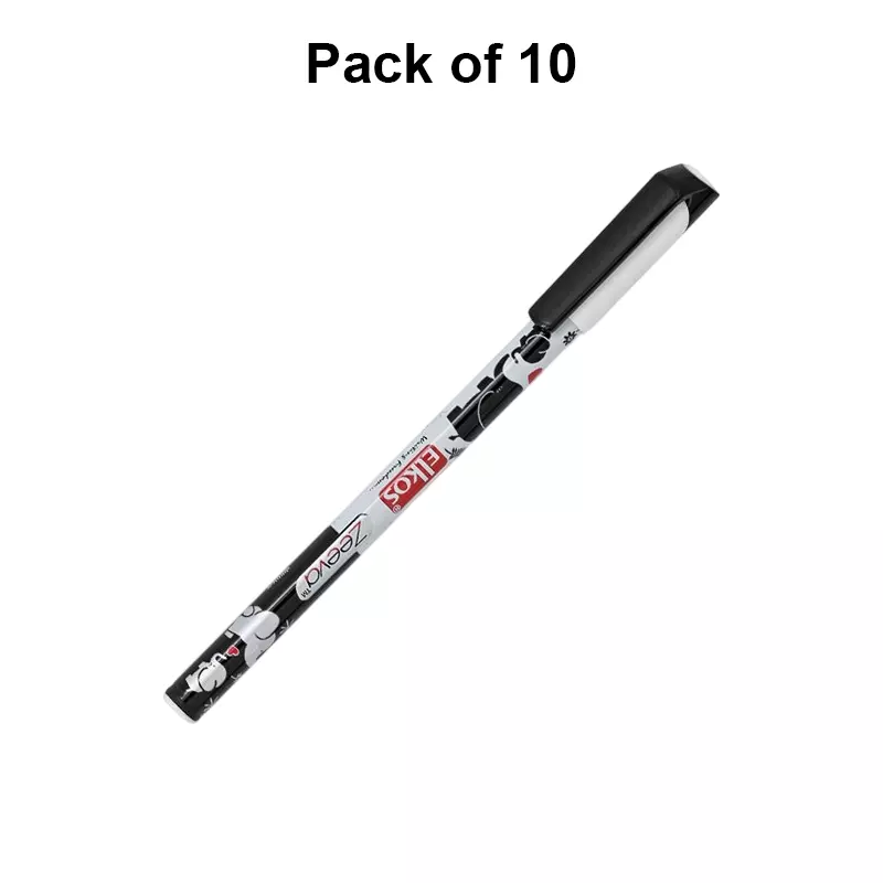 Elkos Zeeva Gel Pen Steel Nib Plastic Body Black Ink Color (Pack of 10 Pcs)