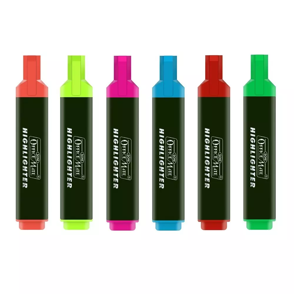 Soni Office Mate 6 Shade Fluorescent Highlighter Quick Dry Smudge Proof Ink Flexible Chisel Tip for School, Office & Home