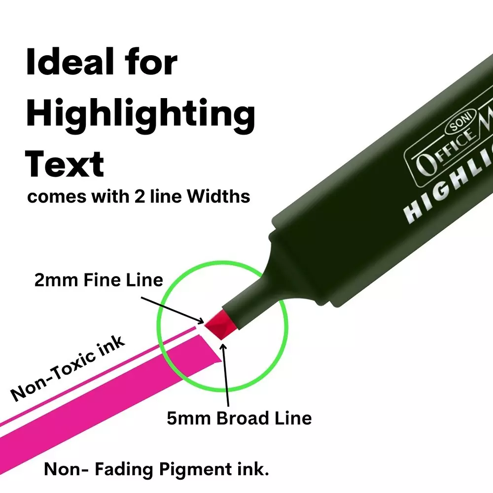 Soni Office Mate 6 Shade Fluorescent Highlighter Quick Dry Smudge Proof Ink Flexible Chisel Tip for School, Office & Home