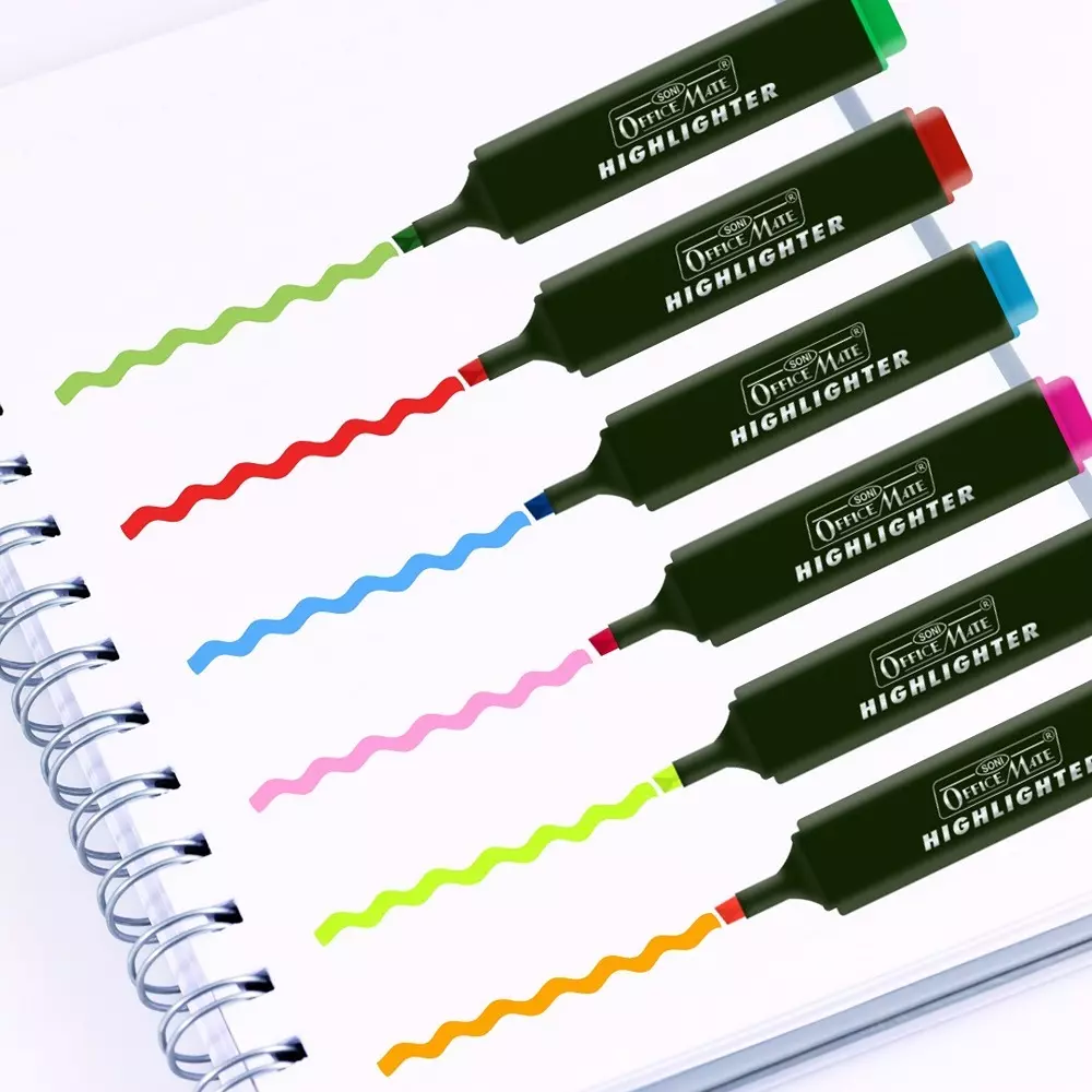 Soni Office Mate 6 Shade Fluorescent Highlighter Quick Dry Smudge Proof Ink Flexible Chisel Tip for School, Office & Home
