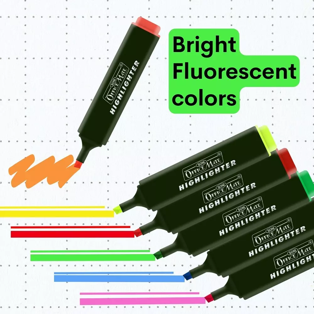 Soni Office Mate 6 Shade Fluorescent Highlighter Quick Dry Smudge Proof Ink Flexible Chisel Tip for School, Office & Home