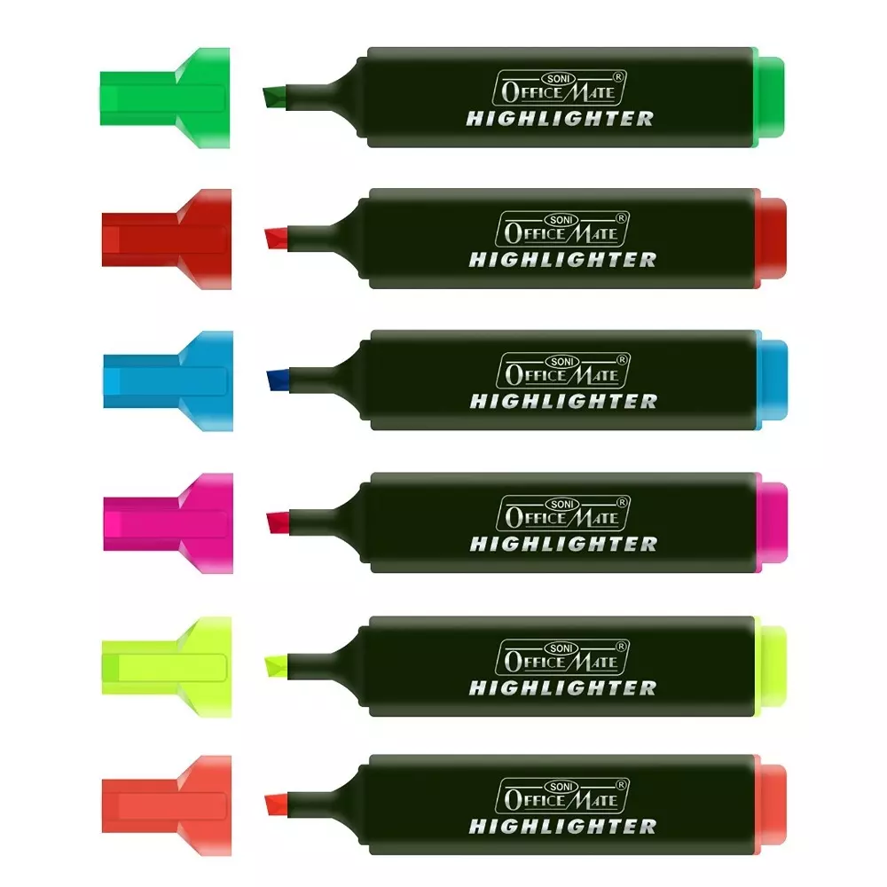 Soni Office Mate 6 Shade Fluorescent Highlighter Quick Dry Smudge Proof Ink Flexible Chisel Tip for School, Office & Home