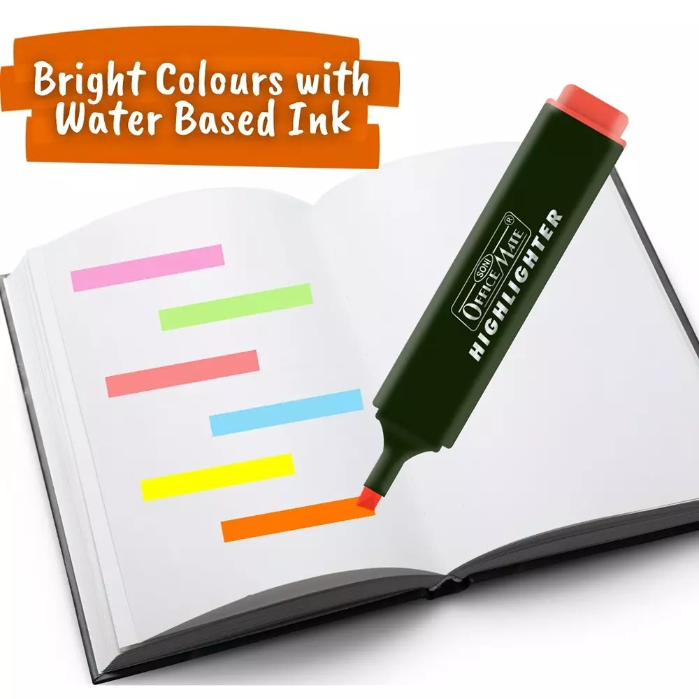 Soni Office Mate 6 Shade Fluorescent Highlighter Quick Dry Smudge Proof Ink Flexible Chisel Tip for School, Office & Home