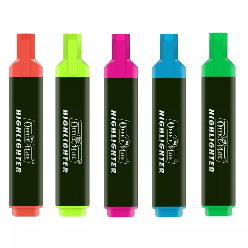 Soni Office Mate 5 Shade Fluorescent Highlighter Quick Dry Smudge Proof Ink Flexible Chisel Tip for School, Office & Home