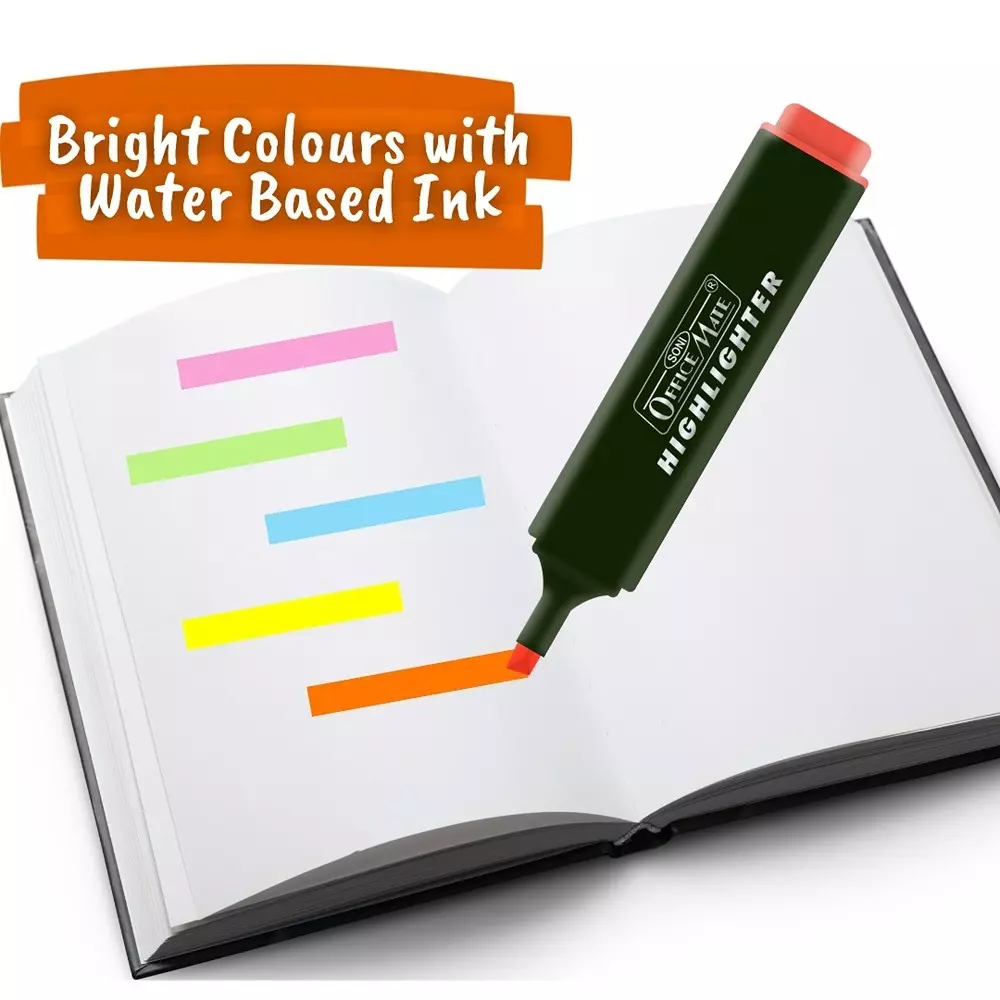 Soni Office Mate 5 Shade Fluorescent Highlighter Quick Dry Smudge Proof Ink Flexible Chisel Tip for School, Office & Home