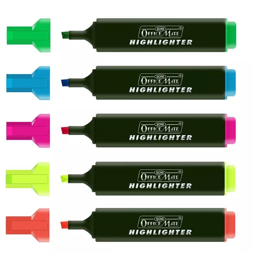 Soni Office Mate 5 Shade Fluorescent Highlighter Quick Dry Smudge Proof Ink Flexible Chisel Tip for School, Office & Home