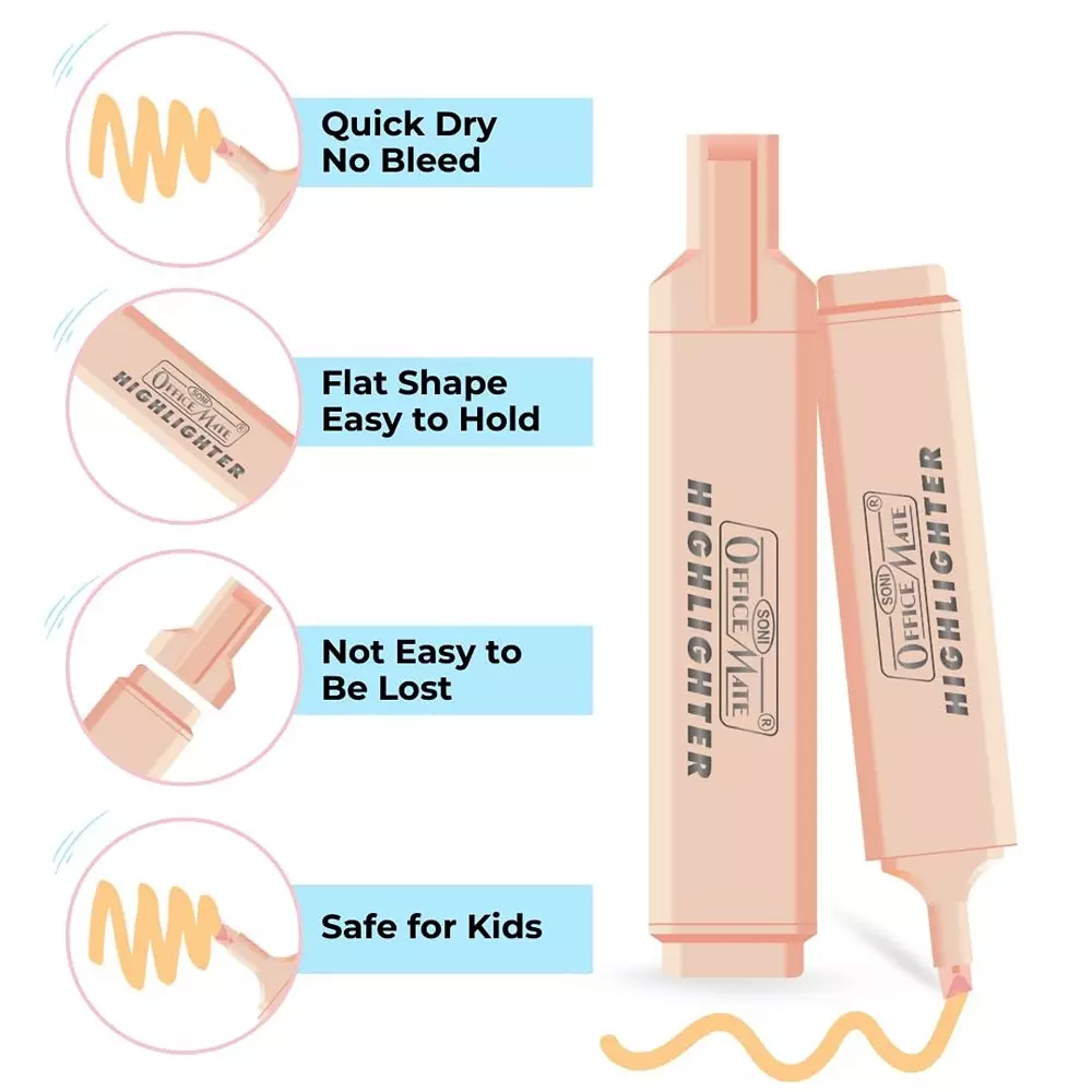 Soni OfficeMate Pastel Highlighters & Correction Pen Combo 1 mm Tip Size 7 ml Fluid Assorted for Office, College & School Use