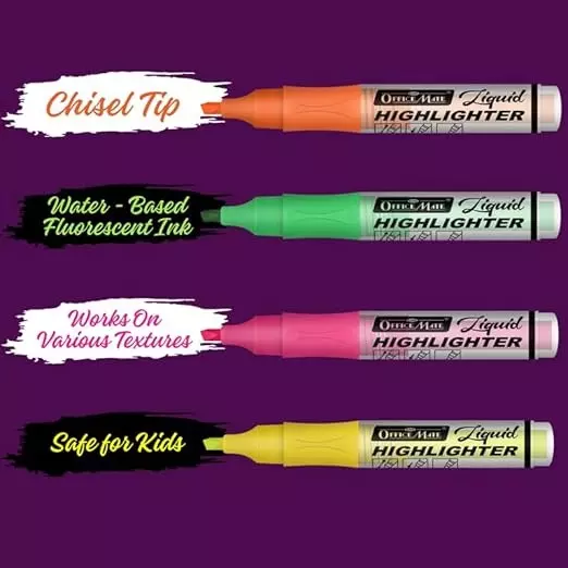 Soni Office Mate 4 Shade Fluorescent Liquid Highlighter Quick Dry Smudge Proof Ink Chisel Tip for School, Office & Home