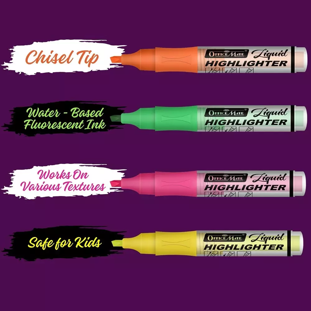 Soni Office Mate 4 Shade Fluorescent Highlighter Quick Dry Smudge Proof Ink Chisel Tip for School, Office & Home