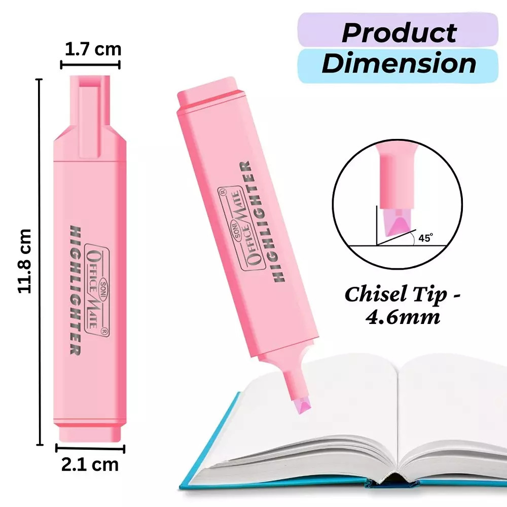 Soni Office Mate 6 Shades Pastel Highlighter Multicolor, Soft, Smudge-Proof, Non-Toxic Ink Ideal for School, Office (Set of 6)