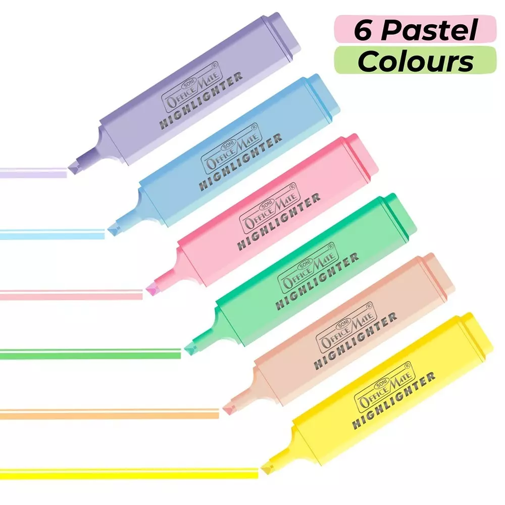 Soni Office Mate 6 Shades Pastel Highlighter Multicolor, Soft, Smudge-Proof, Non-Toxic Ink Ideal for School, Office (Set of 6)