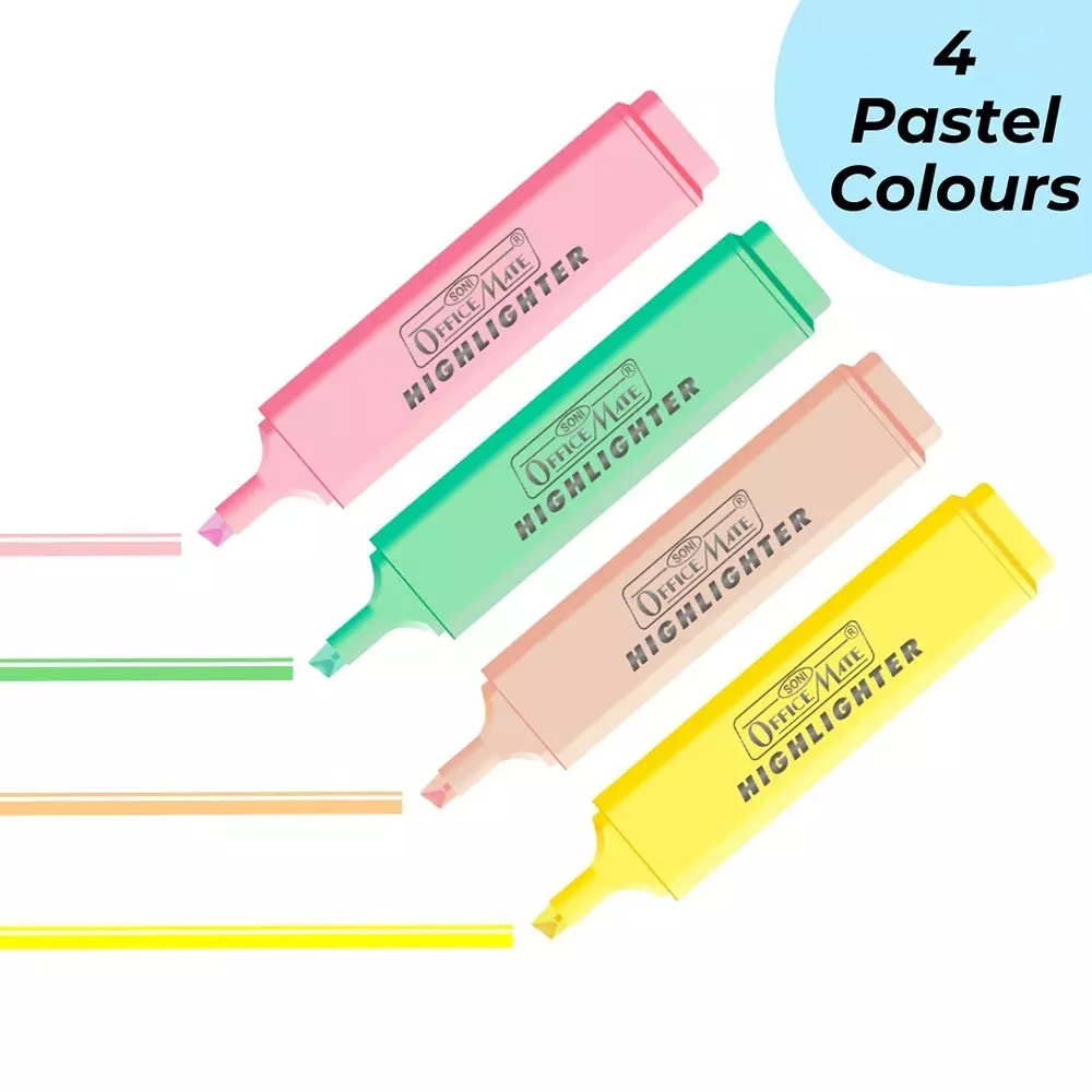 Soni Office Mate 4 Shades Pastel Highlighter Multicolor, Soft, Smudge-Proof, Non-Toxic Ink Ideal for School, Office (Set of 4)
