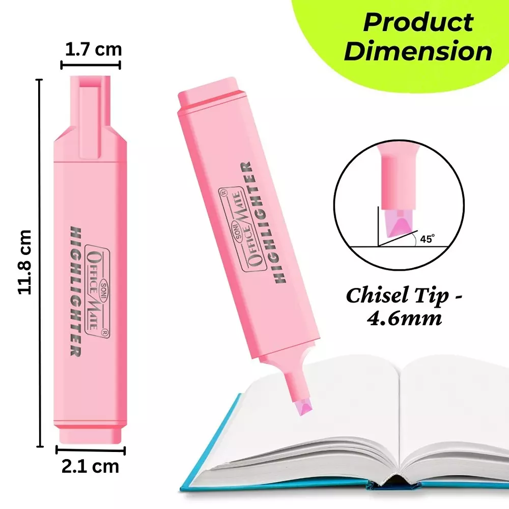 Soni Office Mate 4 Shades Pastel Highlighter Multicolor, Soft, Smudge-Proof, Non-Toxic Ink Ideal for School, Office (Set of 4)