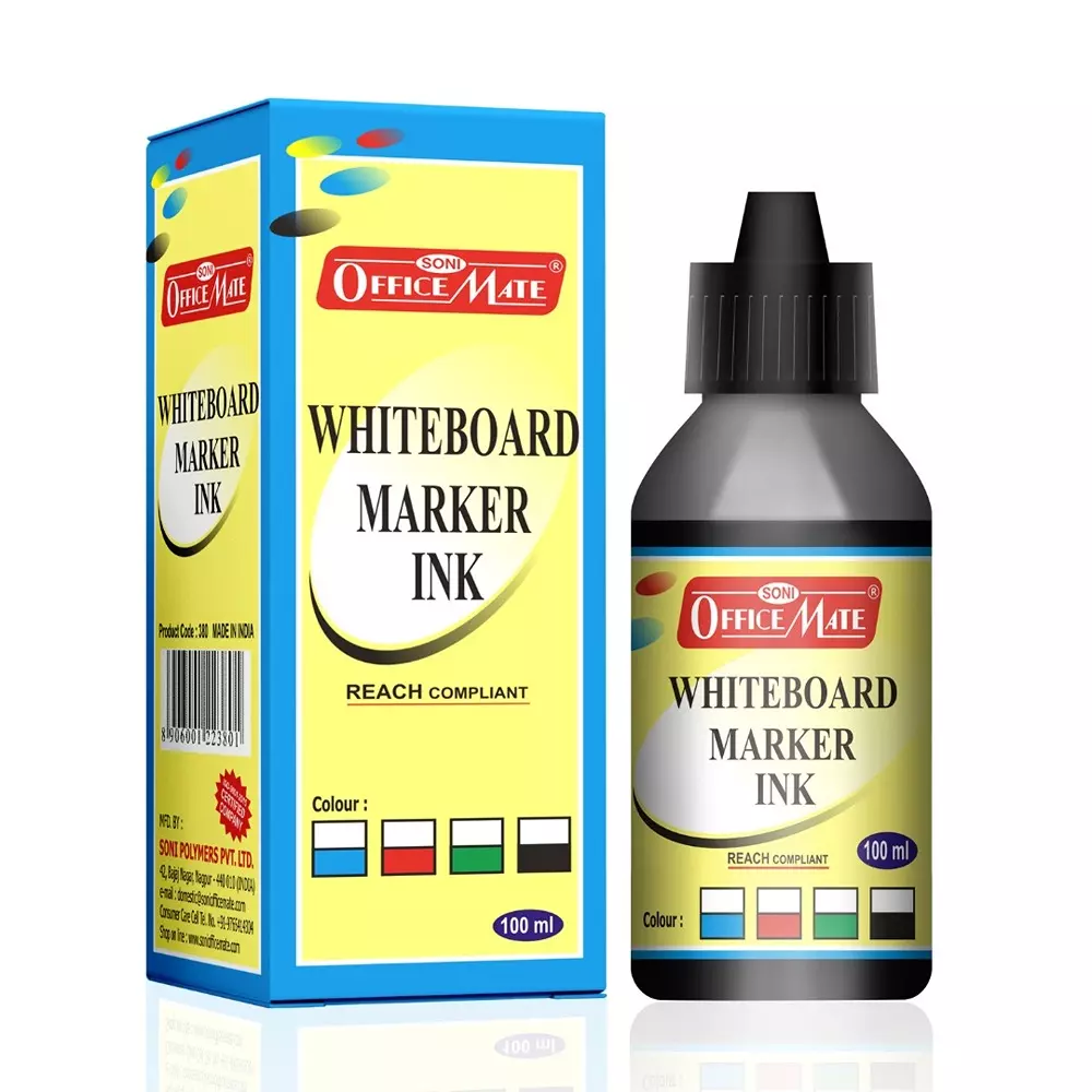 Soni Office Mate 100 ml Whiteboard Marker Refill Ink Black Color Quick Dry Smooth & Eco-Friendly for School & Office (Pack of 10)