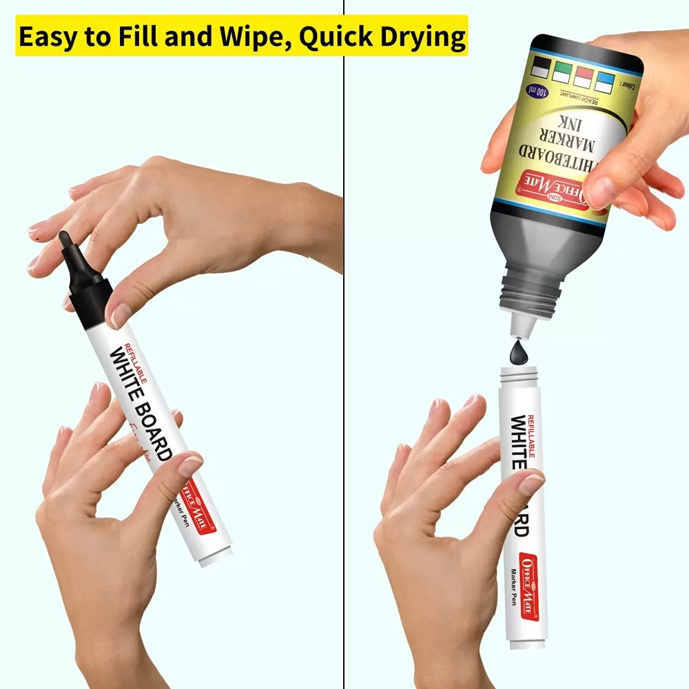 Soni Office Mate 100 ml Whiteboard Marker Refill Ink Black Color Quick Dry Smooth & Eco-Friendly for School & Office (Pack of 10)