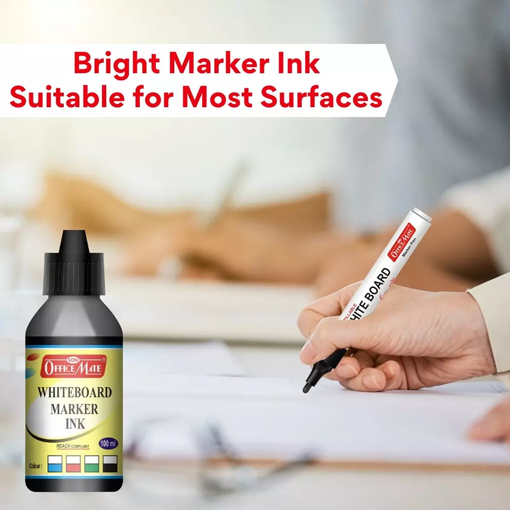 Soni Office Mate 100 ml Whiteboard Marker Refill Ink Black Color Quick Dry Smooth & Eco-Friendly for School & Office (Pack of 10)