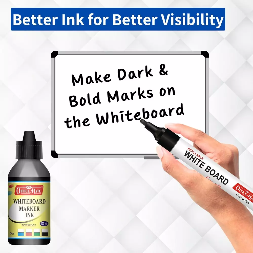 Soni Office Mate 100 ml Whiteboard Marker Refill Ink Black Color Quick Dry Smooth & Eco-Friendly for School & Office (Pack of 10)