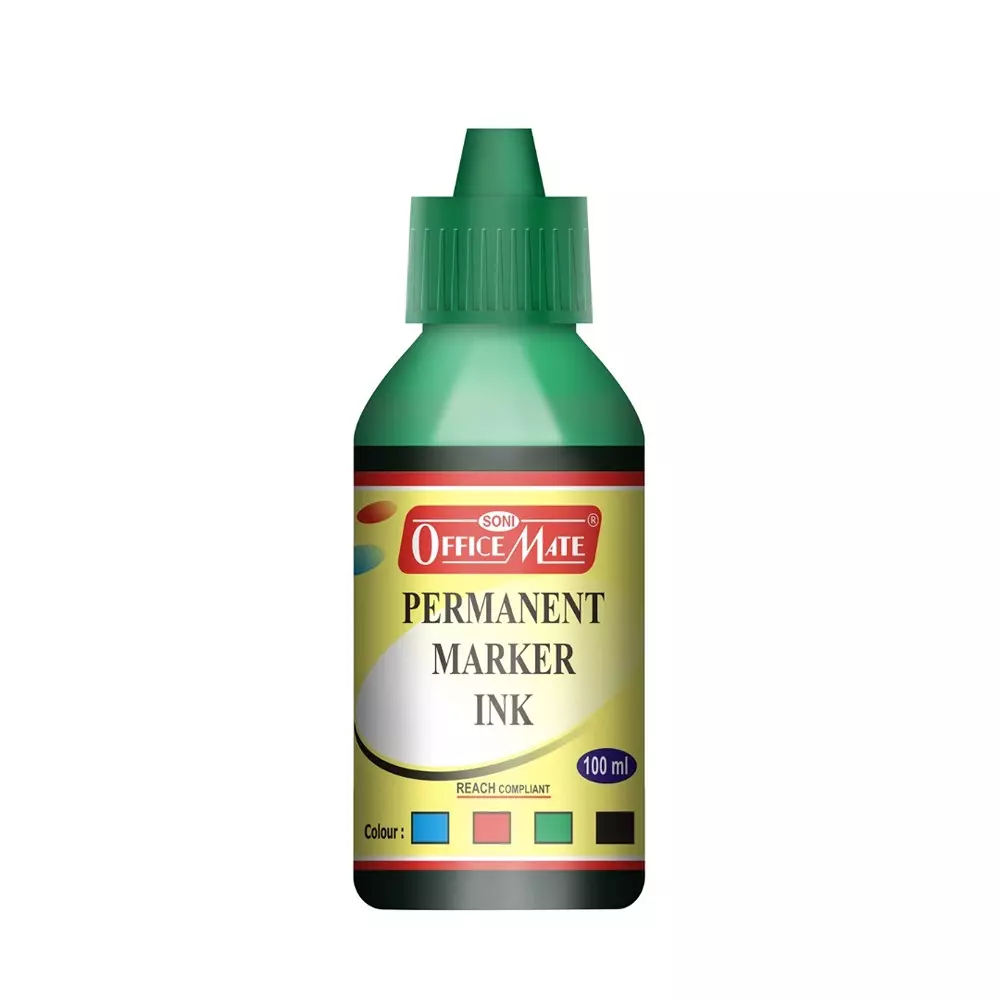 Soni Office Mate 100 ml Permanent Marker Refill Ink Quick Dry, Vibrant, Eco-Friendly, Green (Pack of 10)