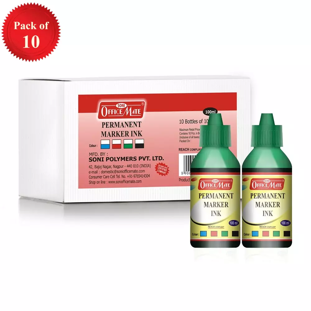 Soni Office Mate 100 ml Permanent Marker Refill Ink Quick Dry, Vibrant, Eco-Friendly, Green (Pack of 10)
