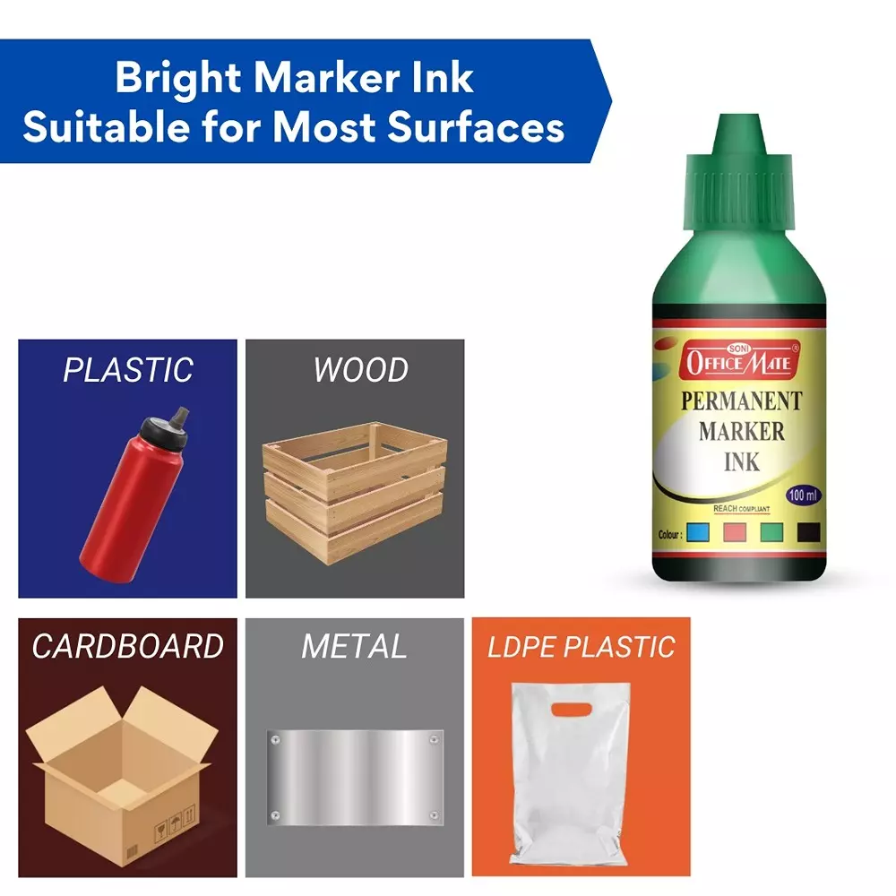 Soni Office Mate 100 ml Permanent Marker Refill Ink Quick Dry, Vibrant, Eco-Friendly, Green (Pack of 10)