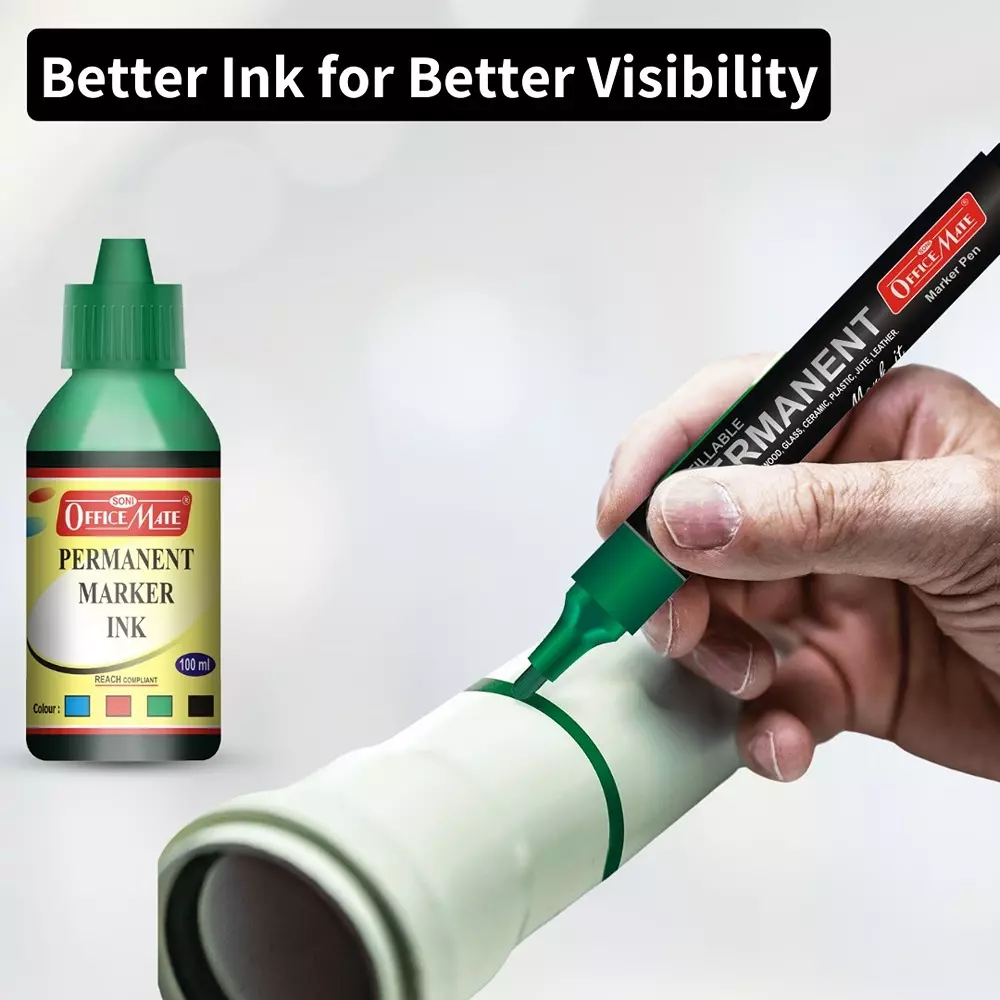 Soni Office Mate 100 ml Permanent Marker Refill Ink Quick Dry, Vibrant, Eco-Friendly, Green (Pack of 10)