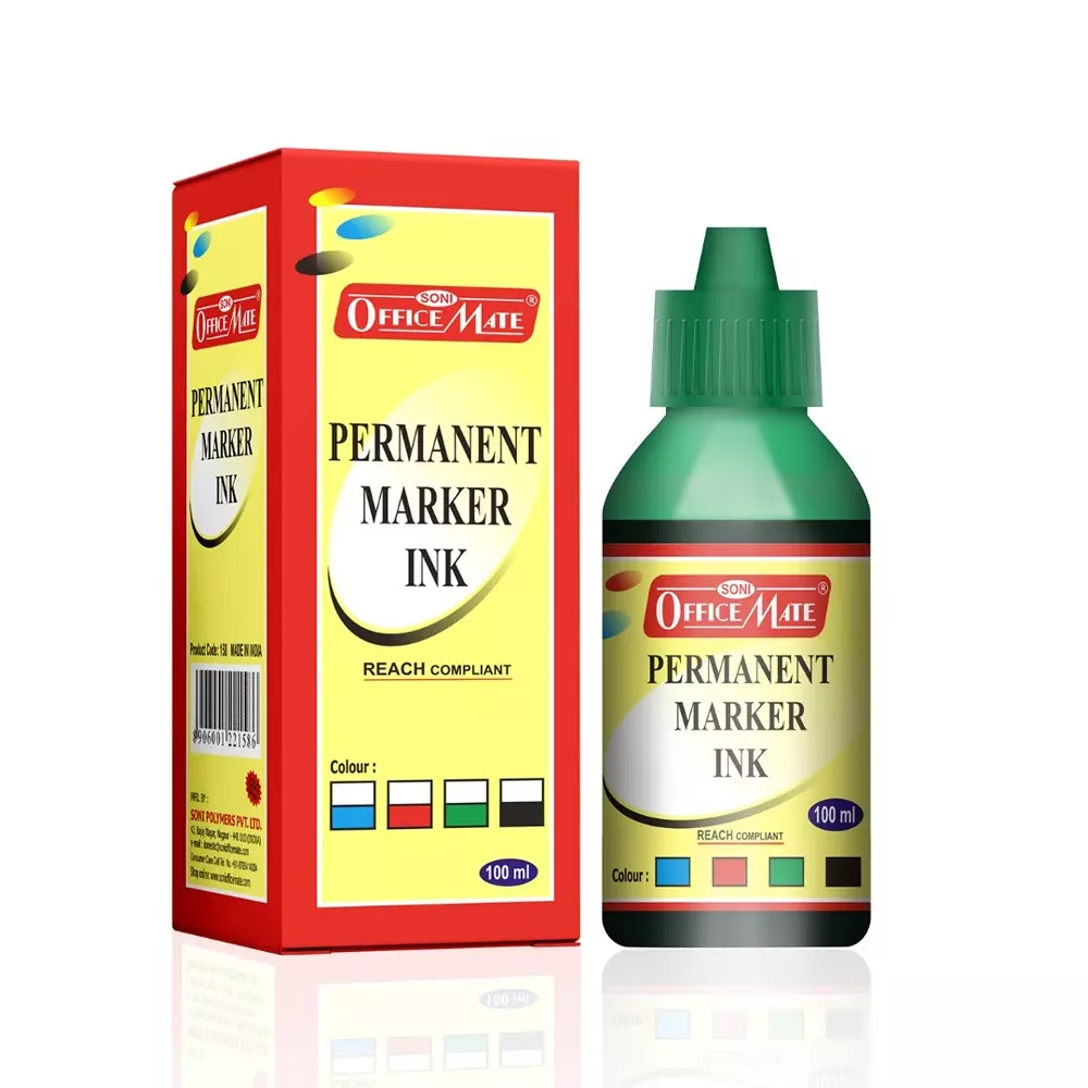 Soni Office Mate 100 ml Permanent Marker Refill Ink Quick Dry, Vibrant, Eco-Friendly, Green (Pack of 10)