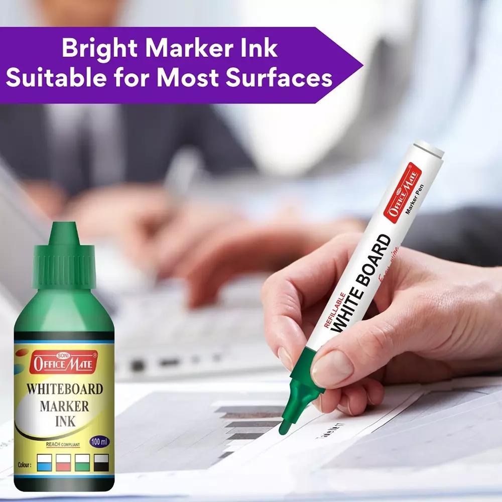 Soni Office Mate 100 ml Whiteboard Marker Refill Ink Multicolor Including Multicolor Quick Dry Smooth & Eco-Friendly for School & Office (Pack of 10)