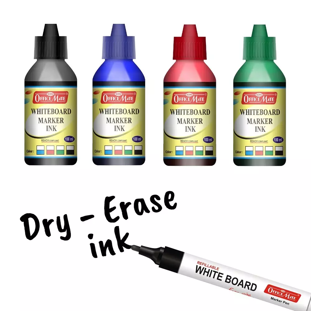 Soni Office Mate 100 ml Whiteboard Marker Refill Ink Multicolor Including Multicolor Quick Dry Smooth & Eco-Friendly for School & Office (Pack of 10)