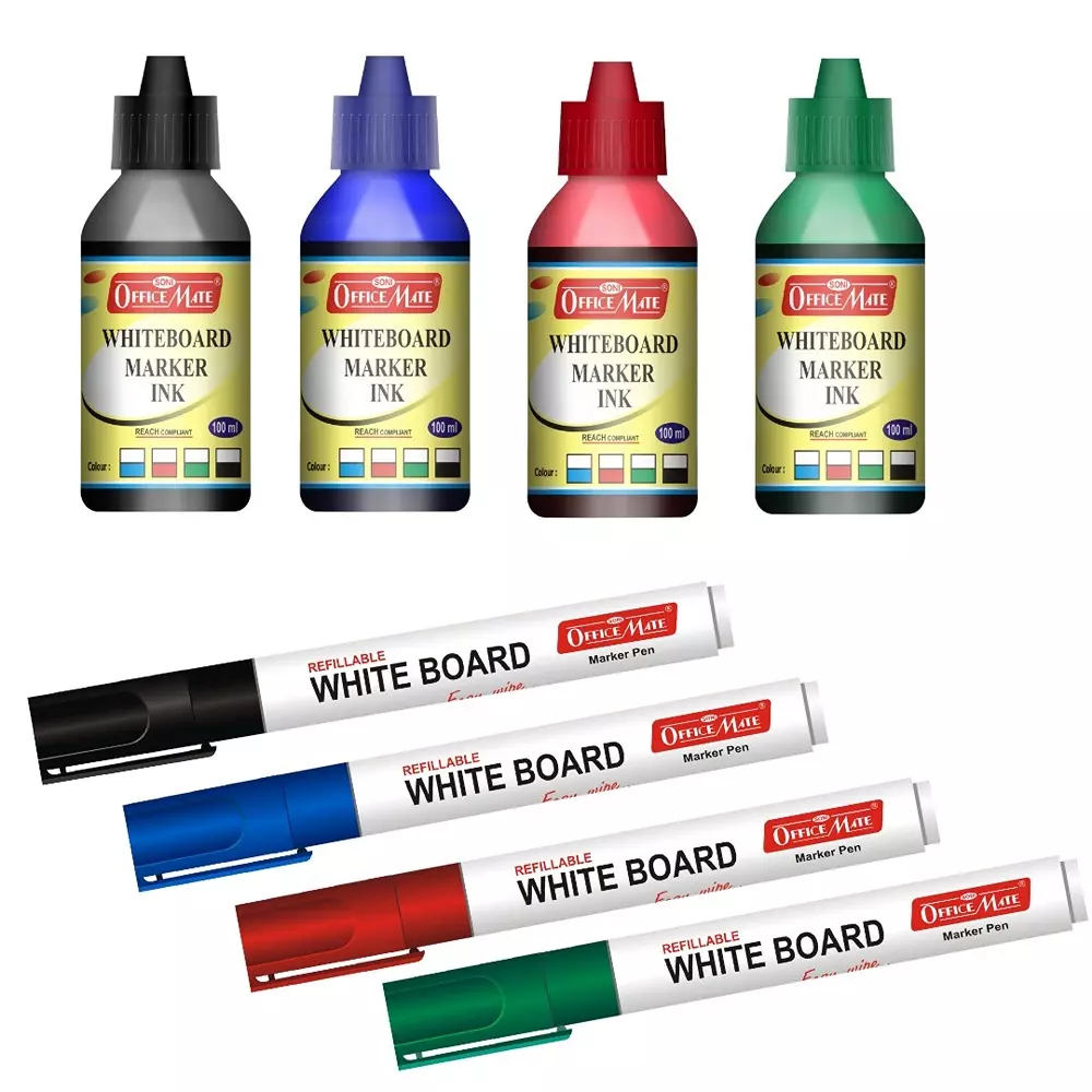 Soni Office Mate 100 ml Whiteboard Marker Refill Ink Multicolor Including Multicolor Quick Dry Smooth & Eco-Friendly for School & Office (Pack of 10)