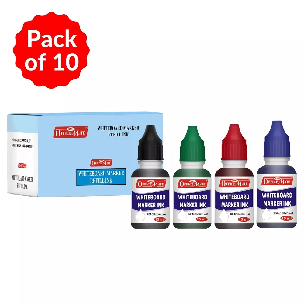 Soni Office Mate 15 ml Whiteboard Marker Refill Ink Multicolor Including Multicolor Quick Dry Smooth & Eco-Friendly for School & Office (Pack of 10)