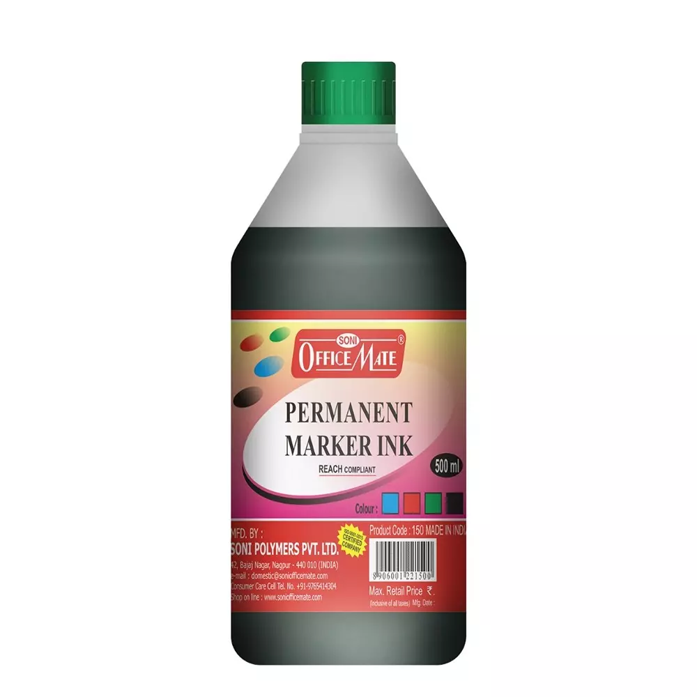 Soni Office Mate 500 ml Permanent Marker Refill Ink Quick Dry, Vibrant, Eco-Friendly, Green