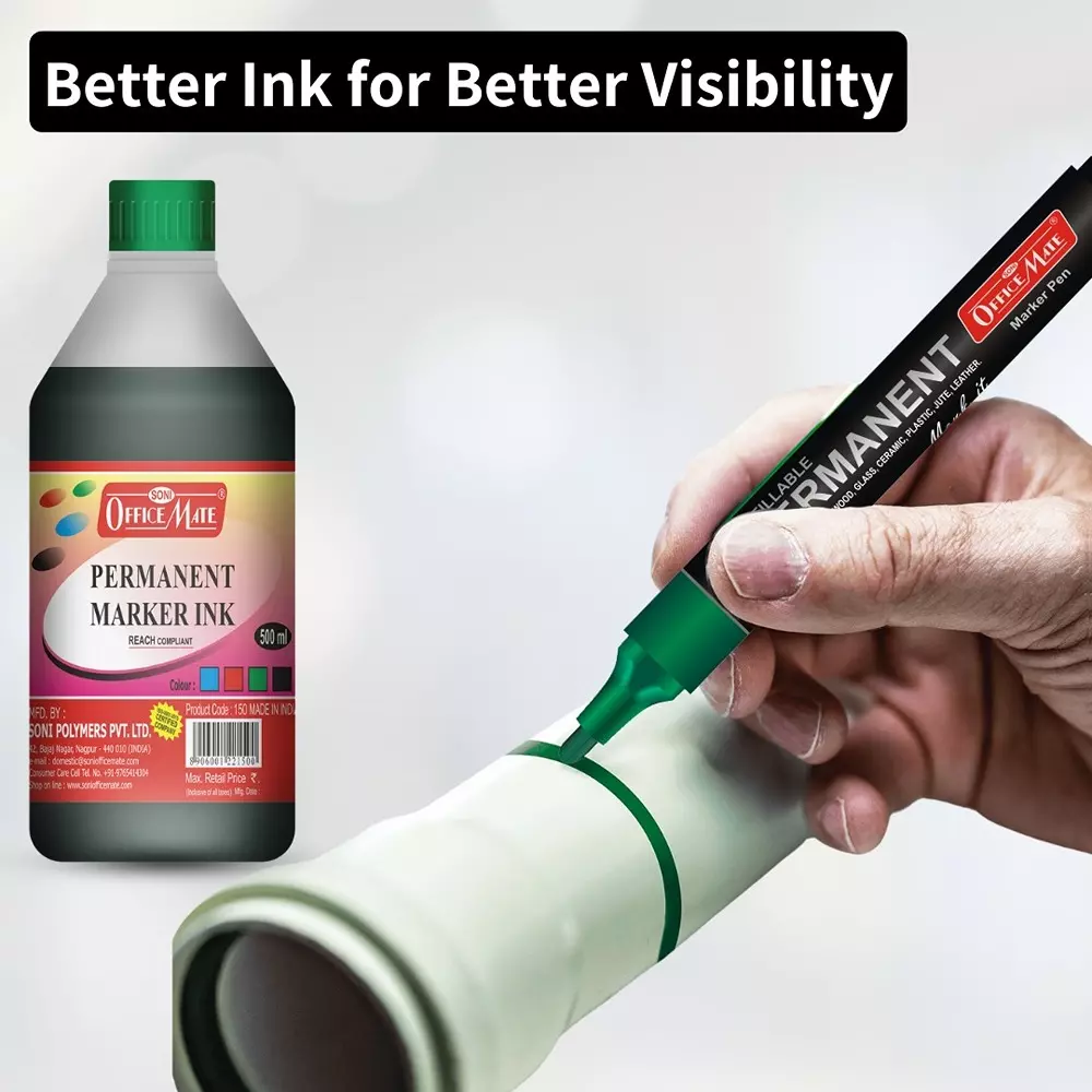 Soni Office Mate 500 ml Permanent Marker Refill Ink Quick Dry, Vibrant, Eco-Friendly, Green