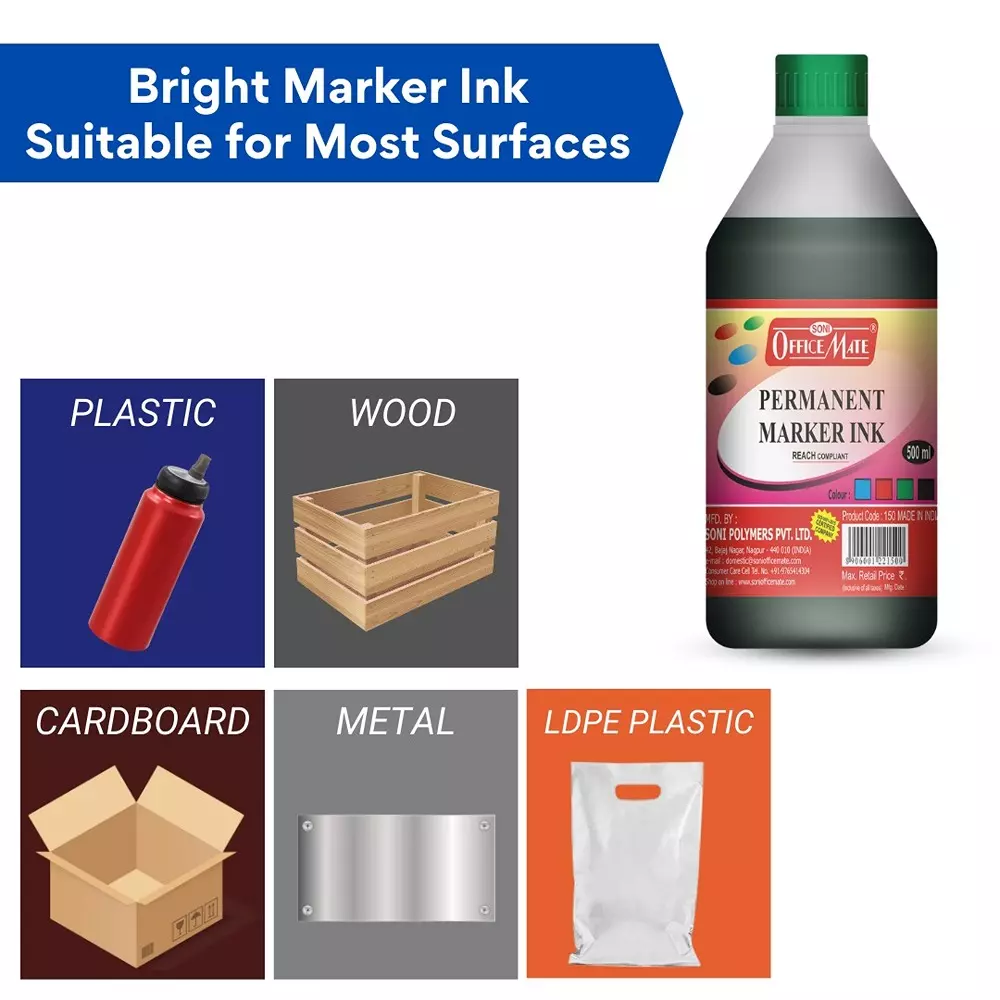 Soni Office Mate 500 ml Permanent Marker Refill Ink Quick Dry, Vibrant, Eco-Friendly, Green
