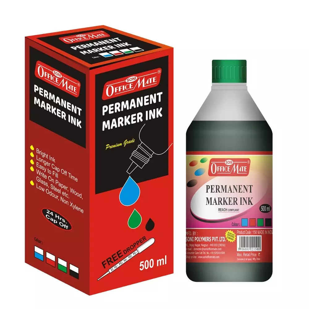 Soni Office Mate 500 ml Permanent Marker Refill Ink Quick Dry, Vibrant, Eco-Friendly, Green