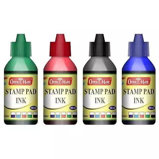 Soni Office Mate 100 ml Stamp Pad Refill Ink Quick Dry Smudge Free Long Lasting for School, Office, Craft & DIY, Multicolor (Pack of 4)