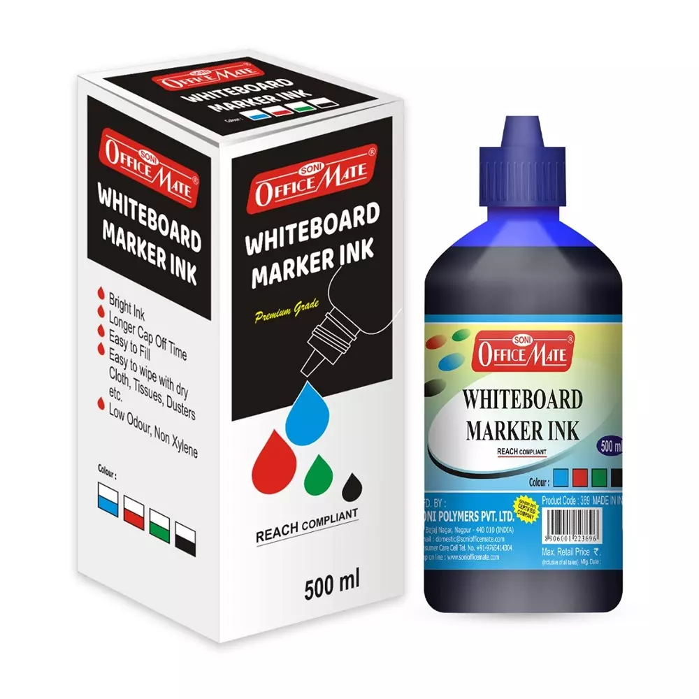 Soni Office Mate 500 ml Whiteboard Marker Refill Ink Blue Color Quick Dry Smooth & Eco-Friendly for School & Office Use
