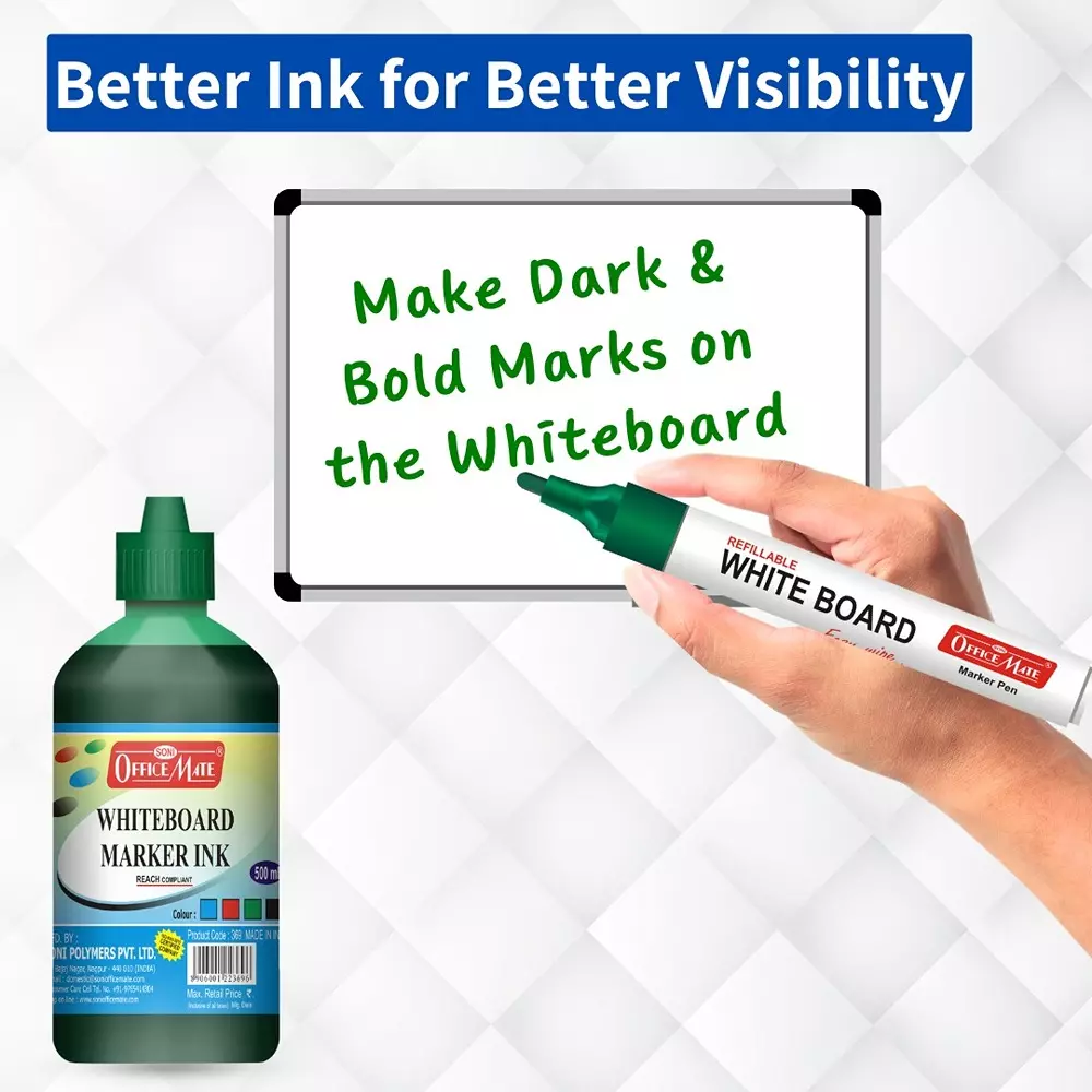 Soni Office Mate 500 ml Whiteboard Marker Refill Ink Green Color Quick Dry Smooth & Eco-Friendly for School & Office Use