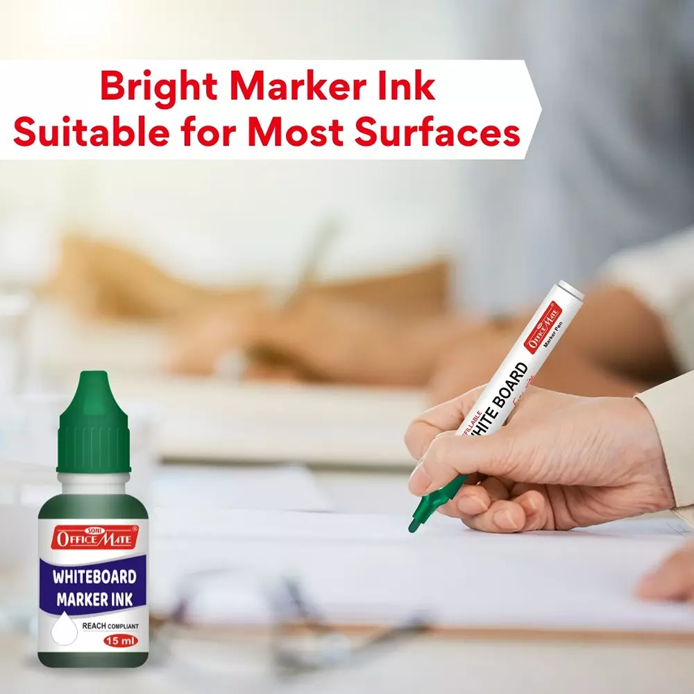 Soni Office Mate 15 ml Whiteboard Marker Refill Ink Green Color Quick Dry Smooth & Eco-Friendly for School & Office Use (Pack of 10)