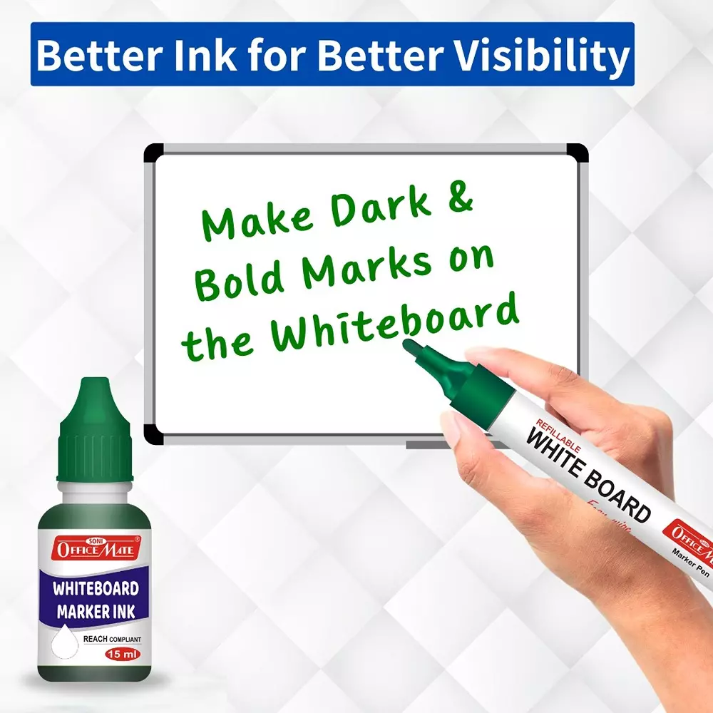 Soni Office Mate 15 ml Whiteboard Marker Refill Ink Green Color Quick Dry Smooth & Eco-Friendly for School & Office Use (Pack of 10)