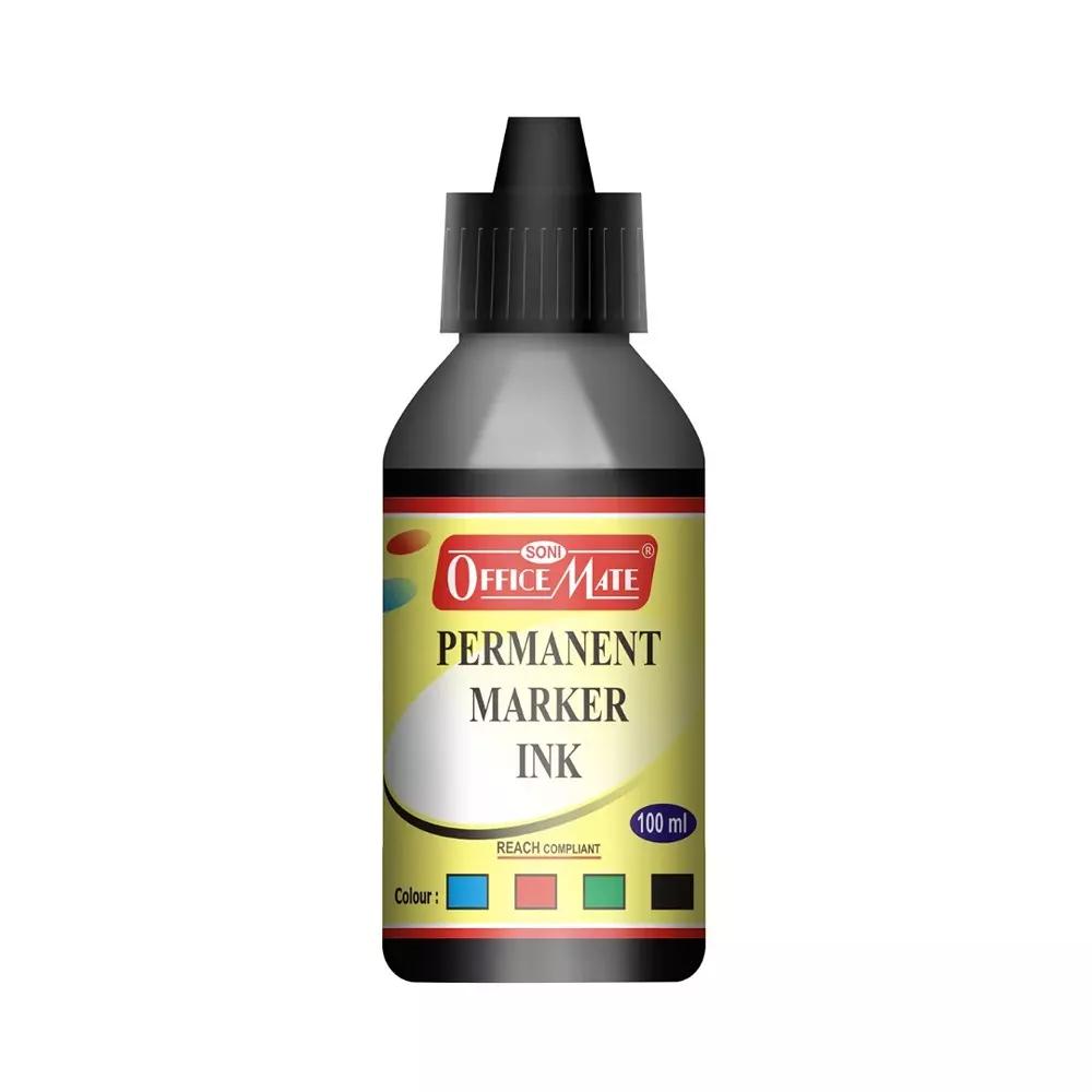 Soni Office Mate 100 ml Permanent Marker Refill Ink Quick Dry, Vibrant, Eco-Friendly, Black (Pack of 10)