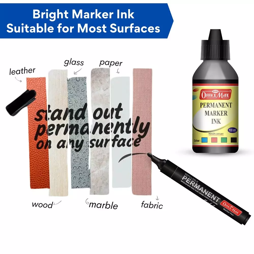 Soni Office Mate 100 ml Permanent Marker Refill Ink Quick Dry, Vibrant, Eco-Friendly, Black (Pack of 10)