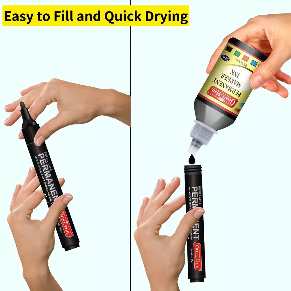 Soni Office Mate 100 ml Permanent Marker Refill Ink Quick Dry, Vibrant, Eco-Friendly, Black (Pack of 10)