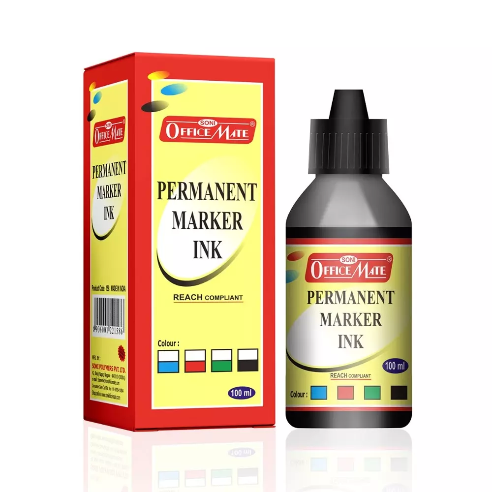 Soni Office Mate 100 ml Permanent Marker Refill Ink Quick Dry, Vibrant, Eco-Friendly, Black (Pack of 10)