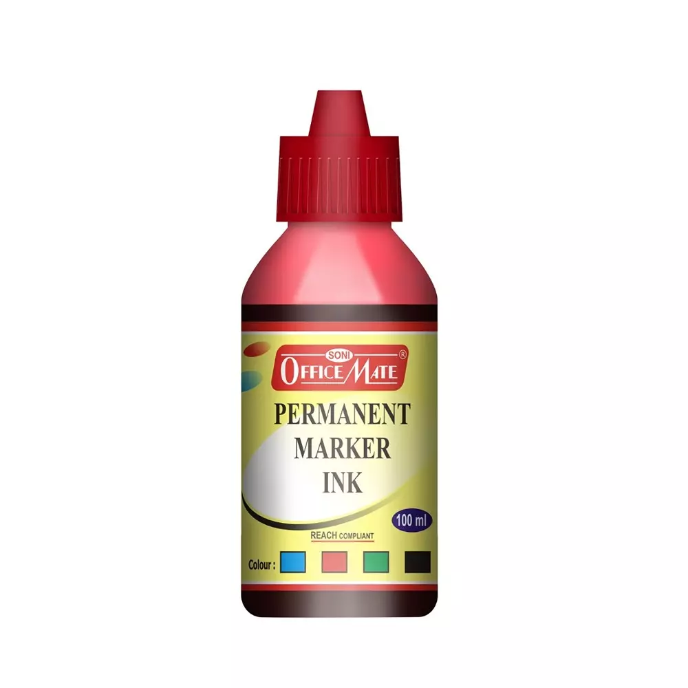 Soni Office Mate 100 ml Permanent Marker Refill Ink Quick Dry, Vibrant, Eco-Friendly, Red (Pack of 10)