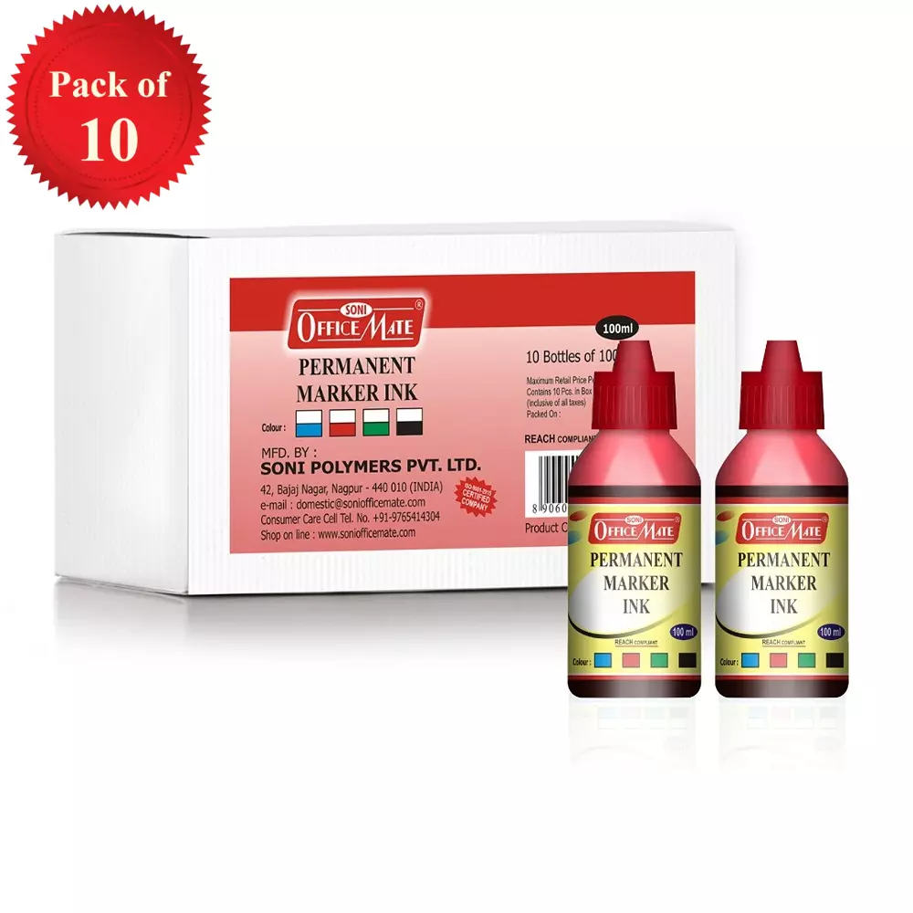Soni Office Mate 100 ml Permanent Marker Refill Ink Quick Dry, Vibrant, Eco-Friendly, Red (Pack of 10)